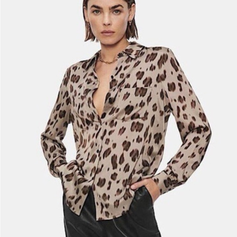 Anine Bing Vivienne Blurry Leopard Print Silk Button-Up Blouse